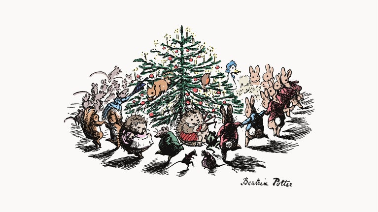 An illustration of animals dancing around a decorated Christmas tree